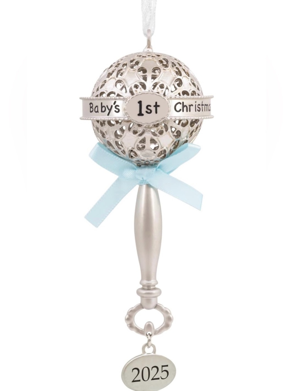 Baby's 1st Christmas Silver & Light Blue Rattle Ornament - 2025